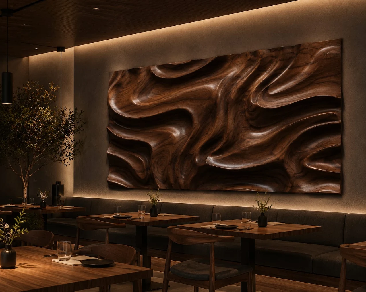 Restoran duvarında akışkan dalga formlu, elle oyulmuş masif ceviz rölyef panel